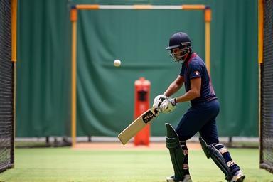 Player practicing batting against an automated bowling machine